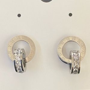 NEW Stainless Steel Silver Cubic Zirconia Stud Earrings with Roman Numeral.